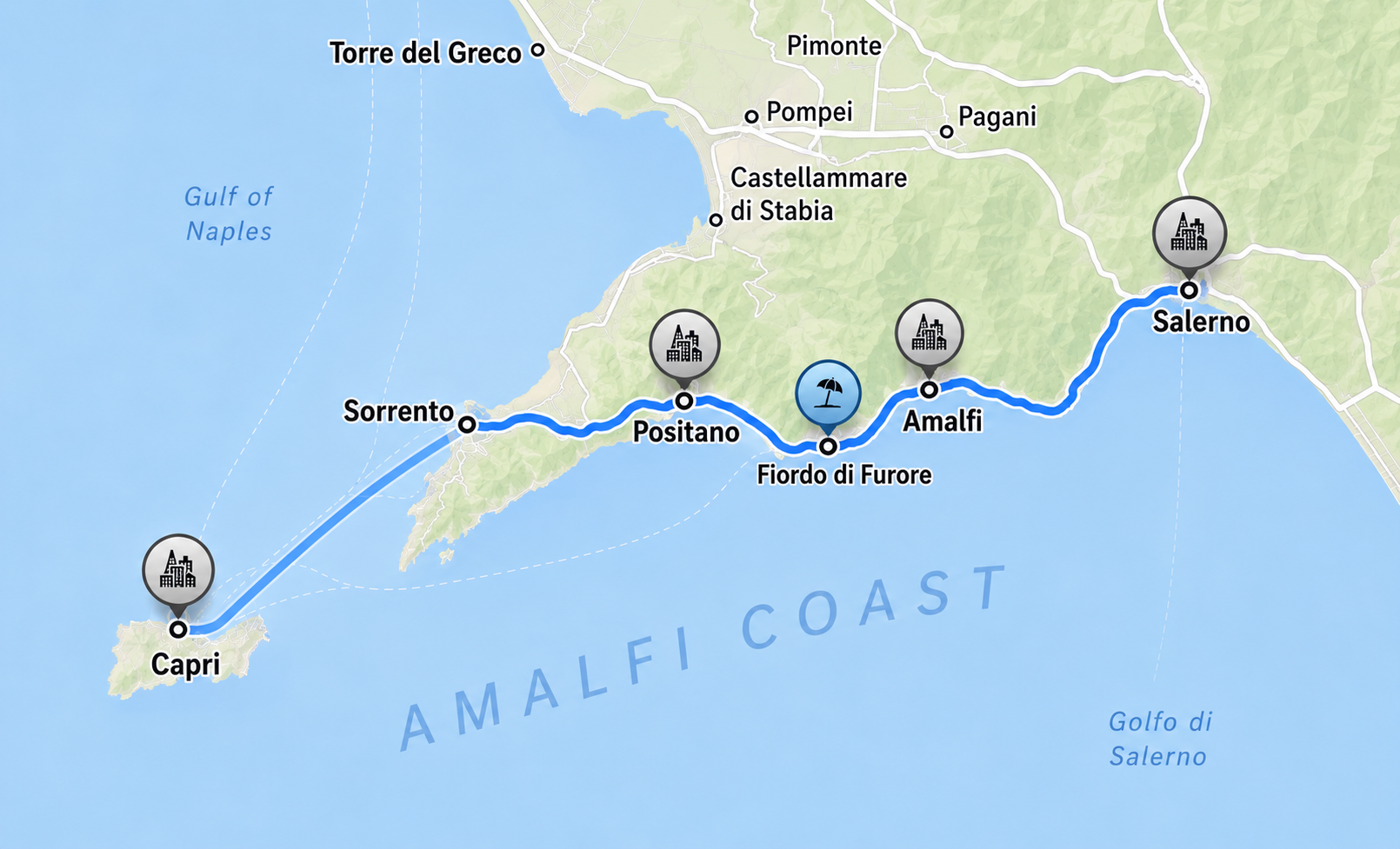 Amalfi Coast route map from Sorrento to Ravello